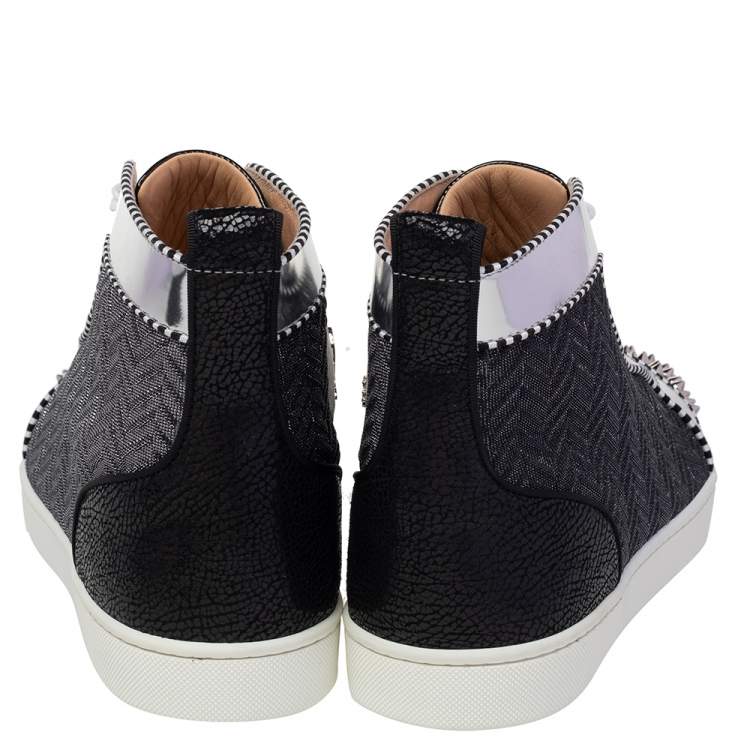 Christian Louboutin Black/Silver Leather And Woven Fabric Spikes Orlato Flat Sneakers Size 44.5
