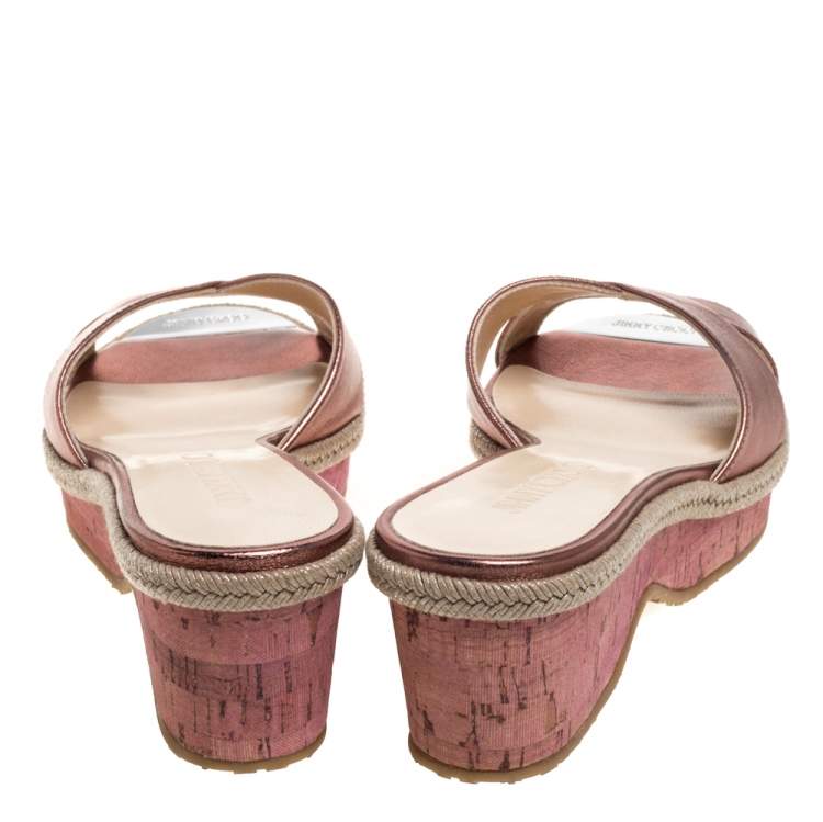 Jimmy Choo Metallic Bronze Leather Prima Cork Wedge Slide Sandals Size 38