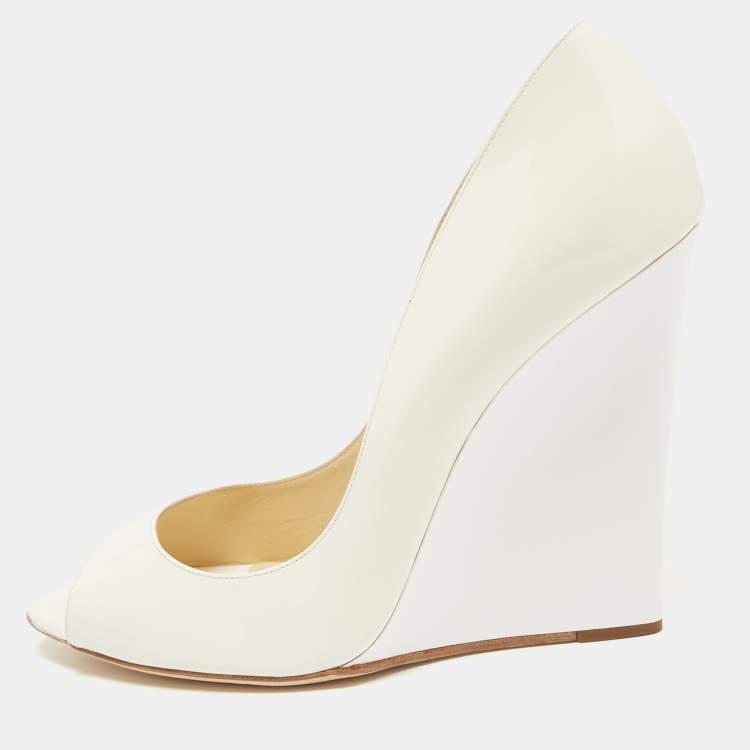Jimmy Choo Off White Patent Leather Baxen Wedge Pumps Size 41