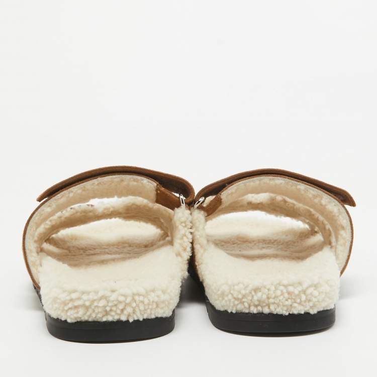 Hermes Brown Suede Shearling Fur Chypre Sandals Size 41