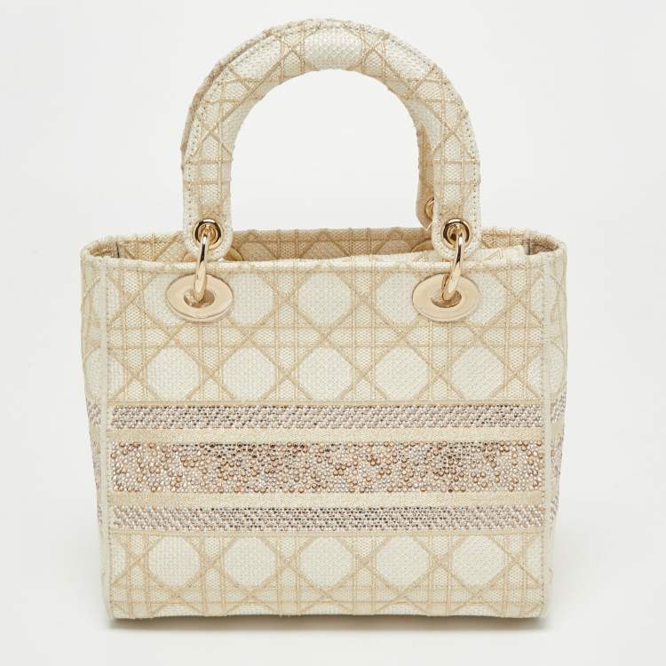 Dior Off White/Gold Embroidered Canvas Medium Lady D-Lite Tote