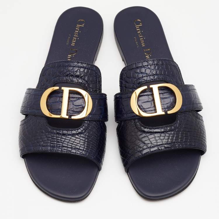 Dior Navy Blue Alligator Leather 30 Montaigne Flat Slides Size 38