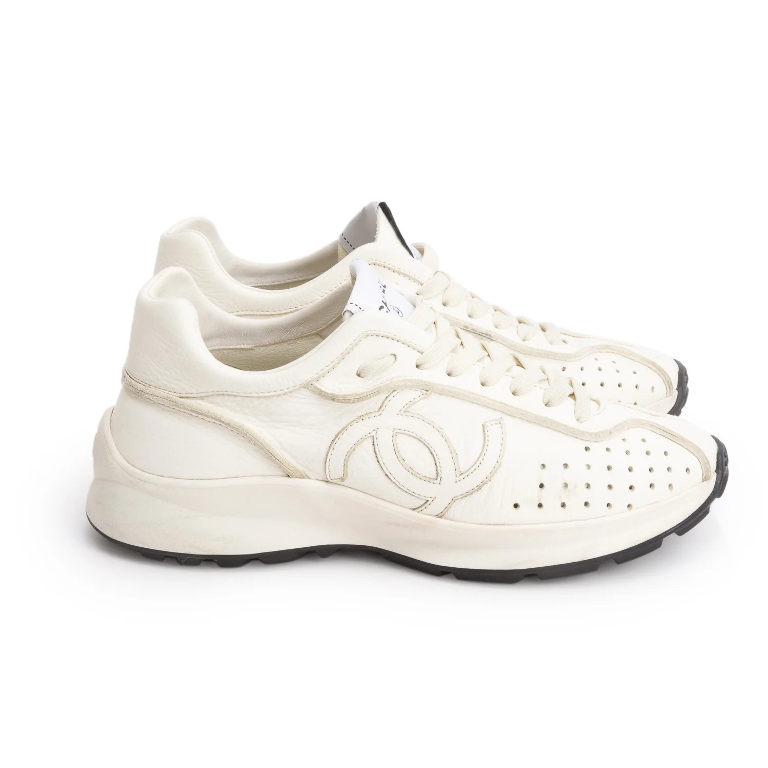 Chanel Cream Calfskin CC Sneakers, Women's Size 37