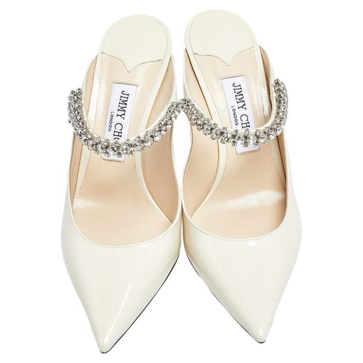 Jimmy Choo Cream Patent Leather Crystal Embellished Pointed Toe Mule Sandals Size 40