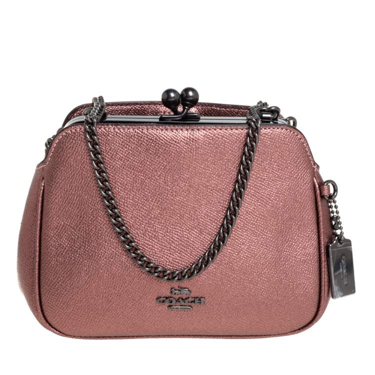 Coach Metallic Pink Leather Pearl KissLock Crossbody Bag