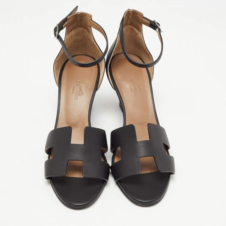 Hermes Black Leather Legend Wedge Ankle Strap Sandals Size 38