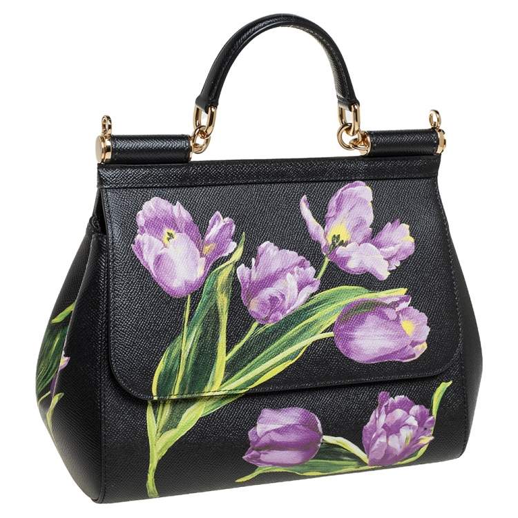 Dolce & Gabbana Black Tulip Print Leather Medium Miss Sicily Top Handle Bag