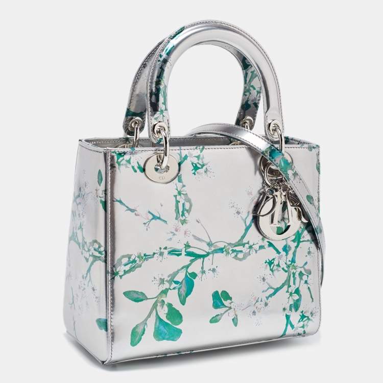 Dior Metallic Silver/Green Printed Leather Medium Lady Dior Tote