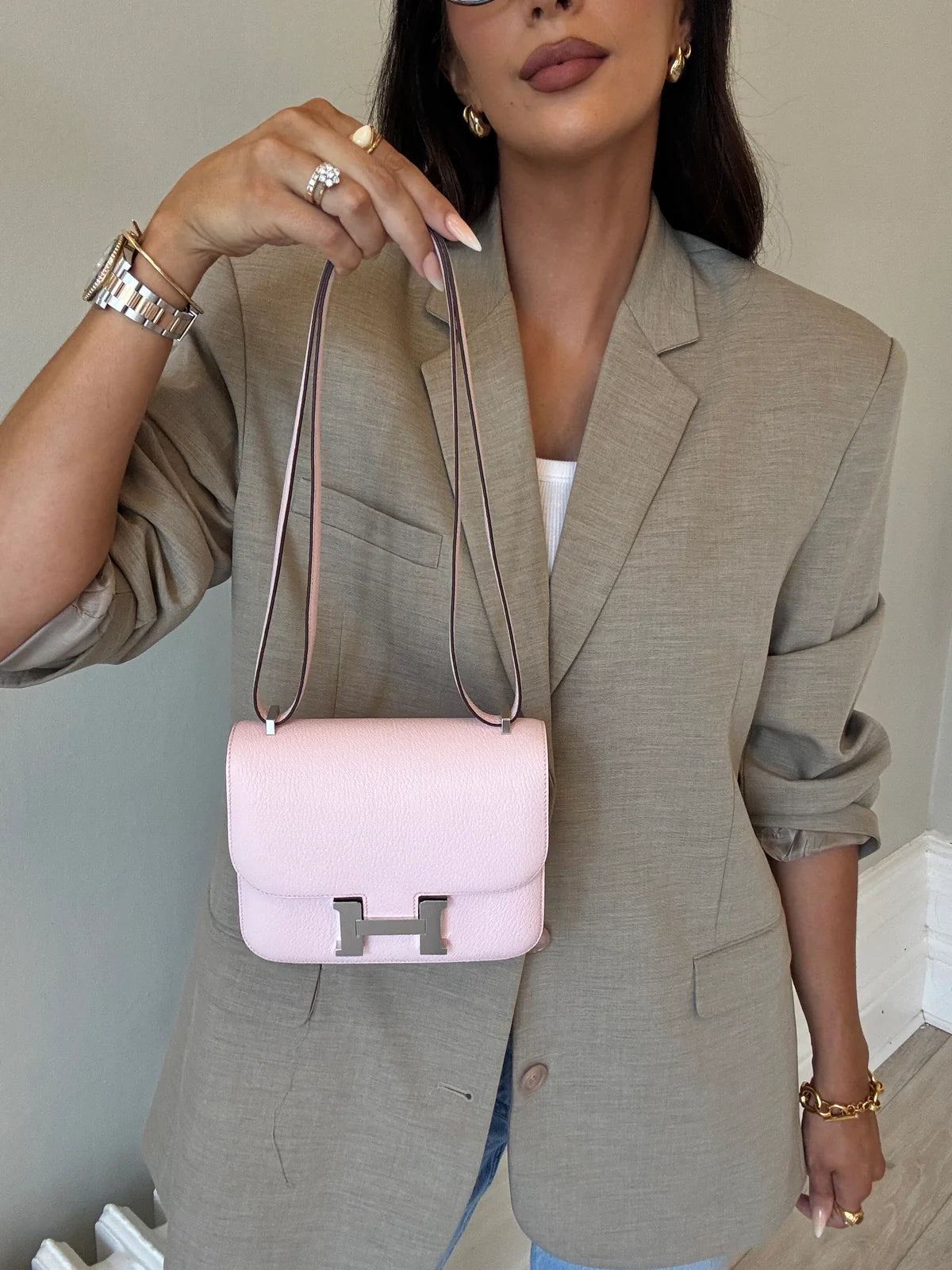 HERMÈS CONSTANCE 18 IN ROSE CHÈVRE LEATHER WITH PALLADIUM HARDWARE