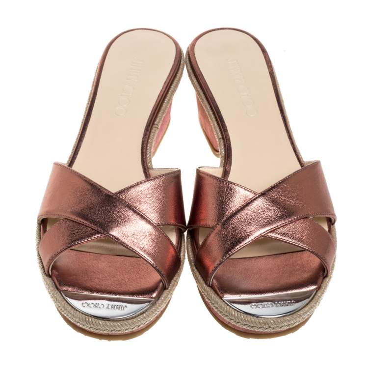 Jimmy Choo Metallic Bronze Leather Prima Cork Wedge Slide Sandals Size 38