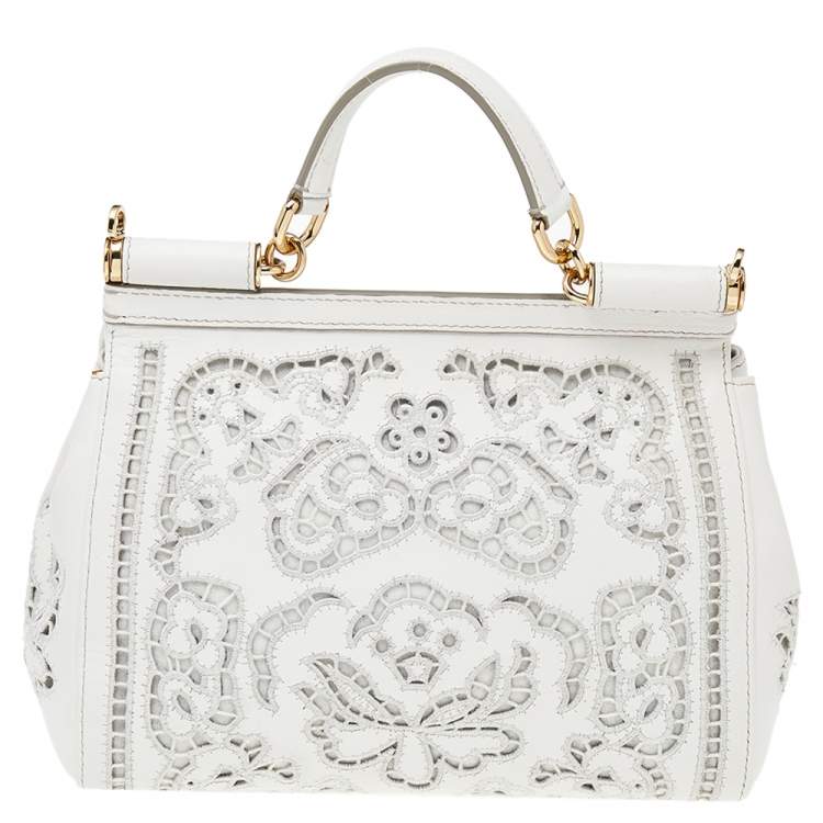 Dolce & Gabbana White Floral Leather Miss Sicily Top Handle Bag
