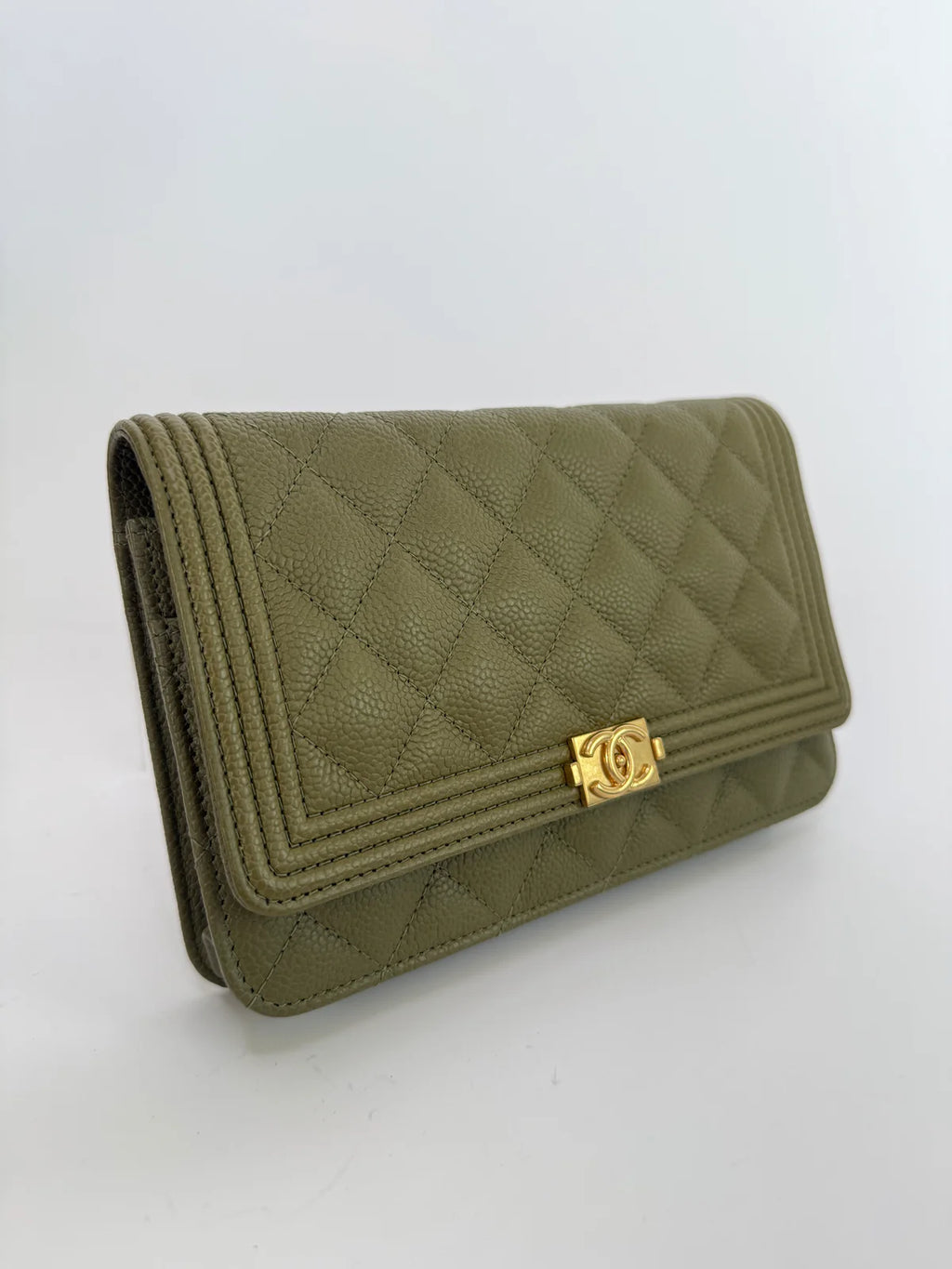 CHANEL BOY WALLET ON CHAIN IN KHAKI CAVIAR LEATHER WITH GHW