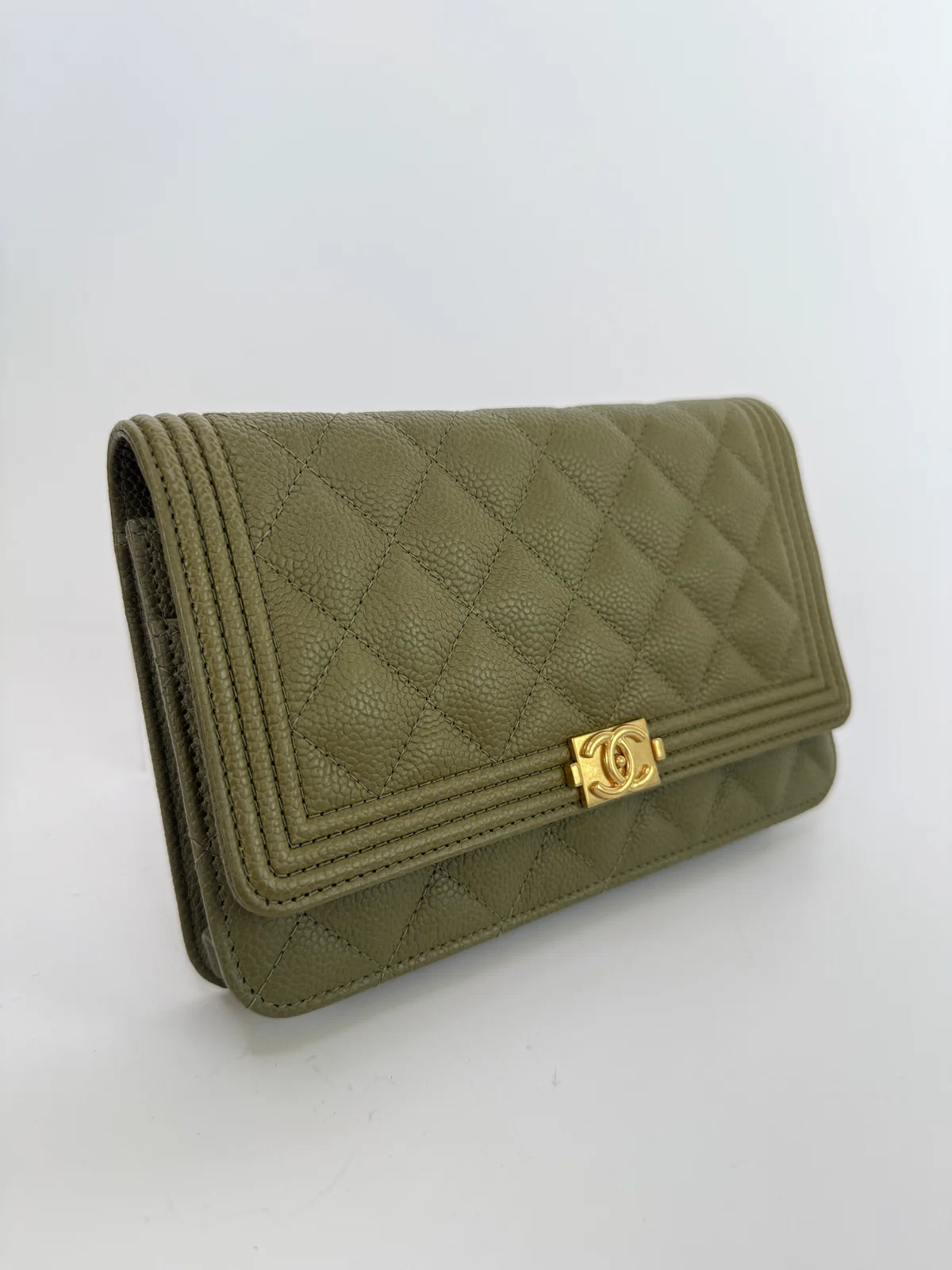 CHANEL BOY WALLET ON CHAIN IN KHAKI CAVIAR LEATHER WITH GHW