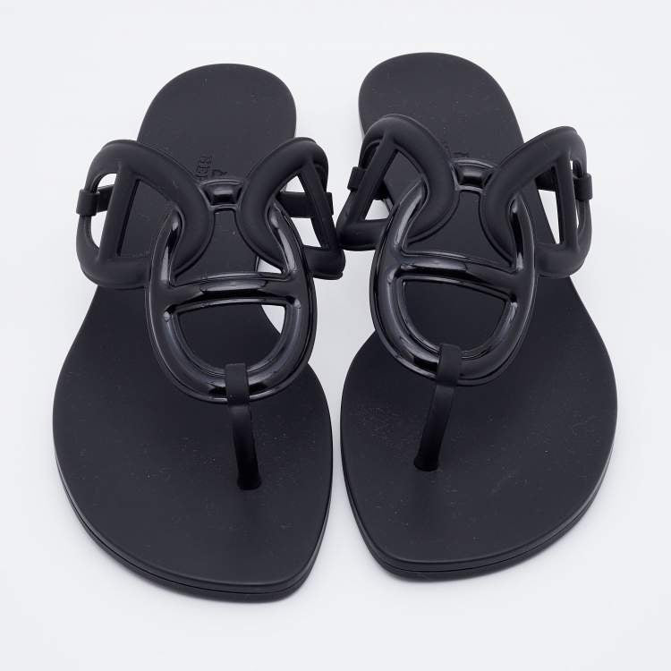 Hermes Black Rubber Chaine d'Ancre Thong Flat Slides Size 39
