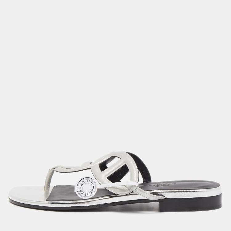 Hermes Metallic Grey Laminated Suede Beach Flat Slides Size 37