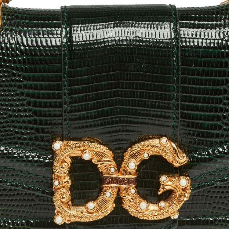 Dolce & Gabbana Green Lizard Embossed Leather Mini DG Amore Top Handle Bag