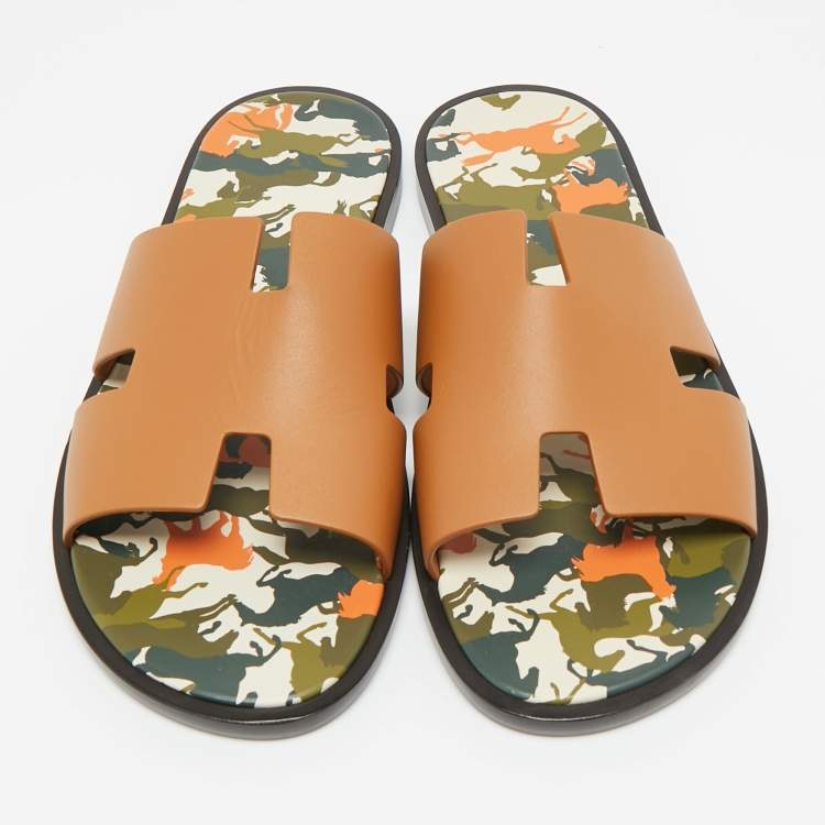 Hermes Brown Leather Izmir Flat Slides Size 42