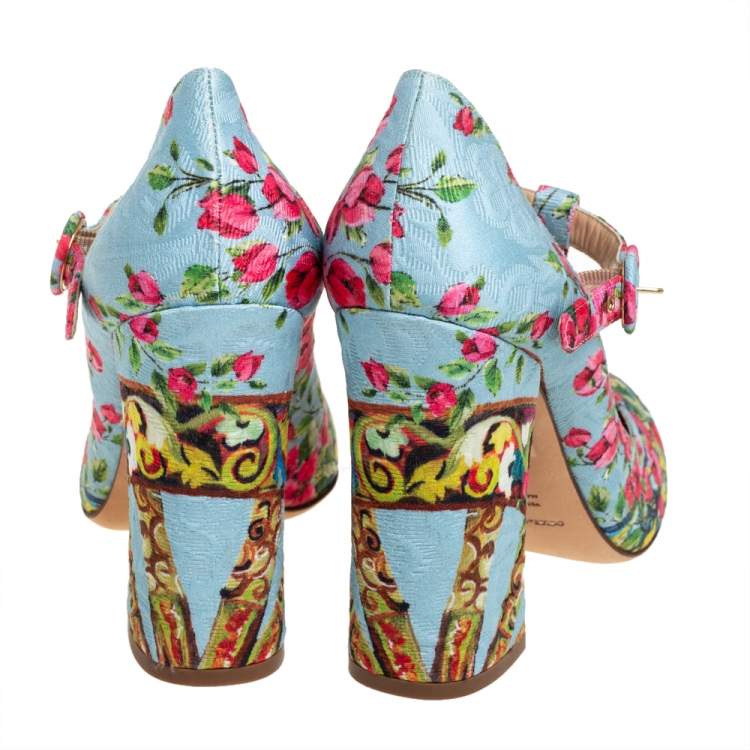 Dolce & Gabbana Blue Floral Print Fabric T-Strap Pumps Size 40