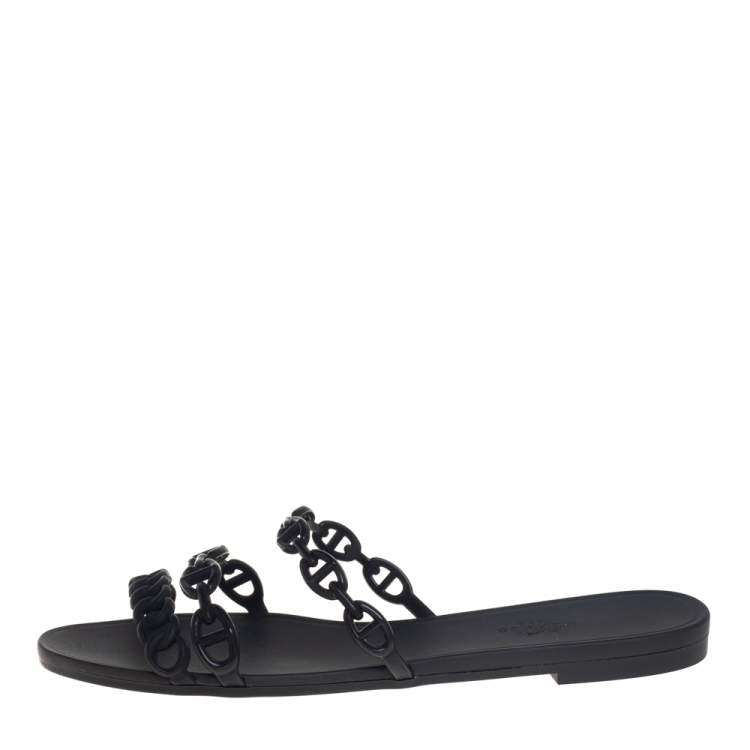 Hermes Black Rubber Chain Slide Sandals Size 39