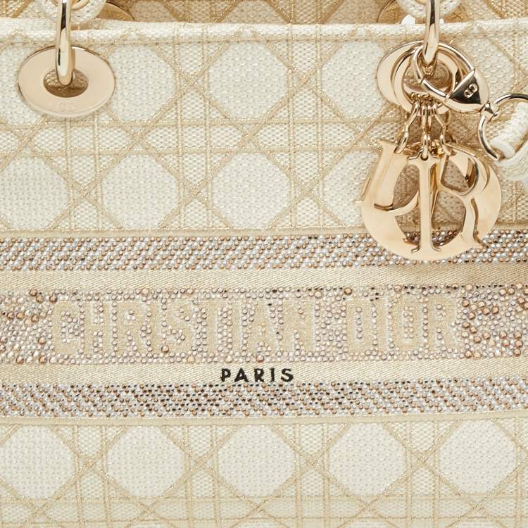 Dior Off White/Gold Embroidered Canvas Medium Lady D-Lite Tote
