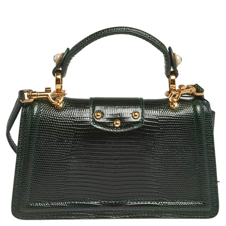 Dolce & Gabbana Green Lizard Embossed Leather Mini DG Amore Top Handle Bag