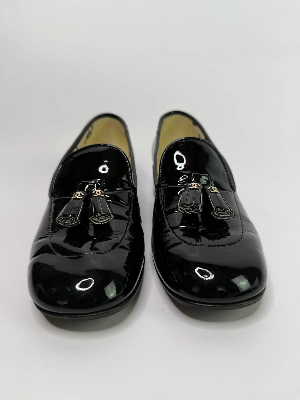 CHANEL BLACK PATENT LOAFERS (SIZE 38/UK5)