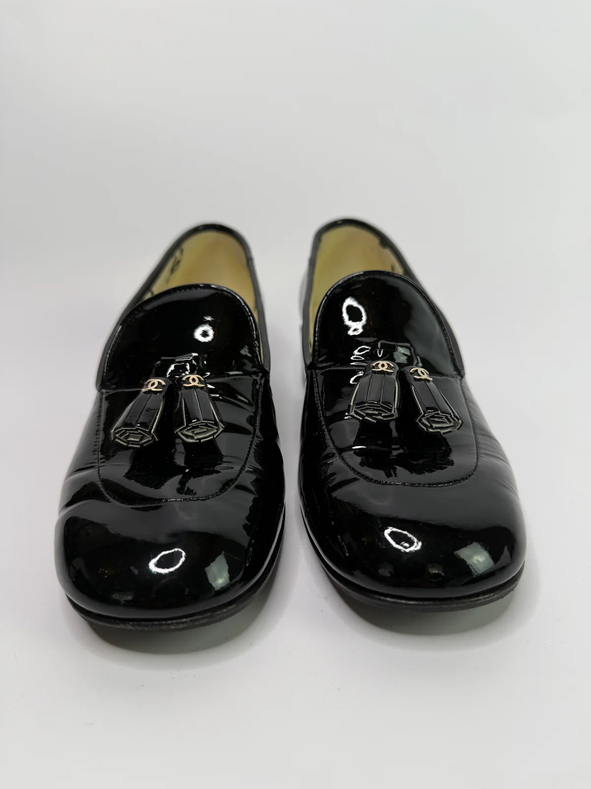 CHANEL BLACK PATENT LOAFERS (SIZE 38/UK5)