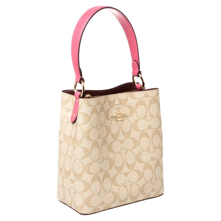 Coach Beige/Pink Signature Coated Canvas and Leather Small Town Bucket Bag