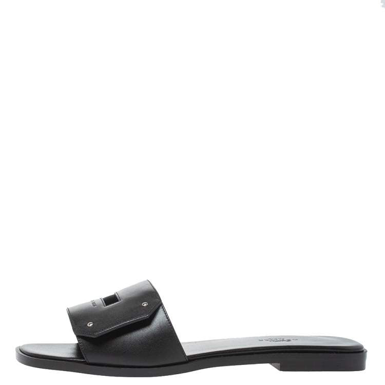Hermes Black Leather View Slide Sandals Size 38