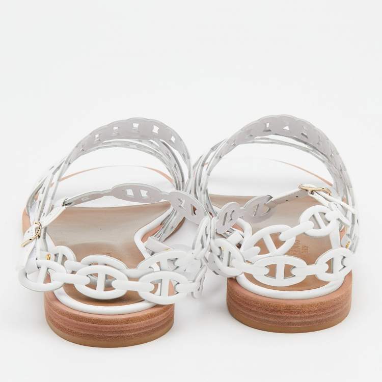 Hermes White Leather Kalliste Ankle Strap Flat Sandals Size 38