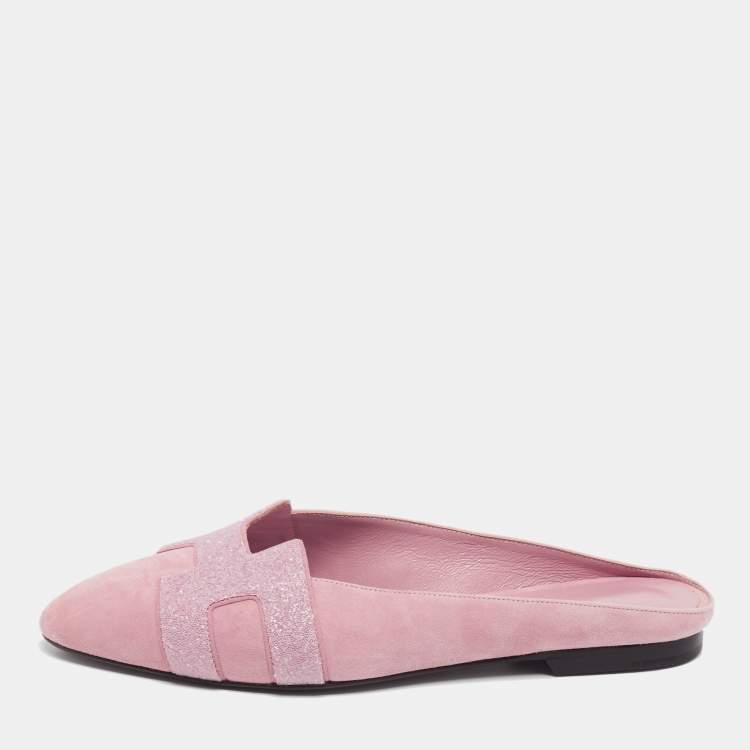 Hermes Pink Glitter And Suede Roxane Mule Flats Size 36