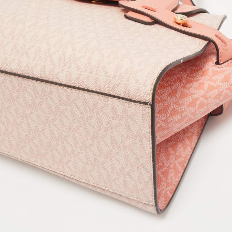 Michael Kors Pink/Peach Signature Coated Canvas Medium Carmen Flap Satchel