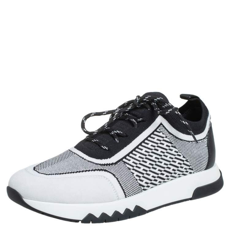 Hermes Black/White Suede And Knit Fabric Addict Sneakers Size 38.5