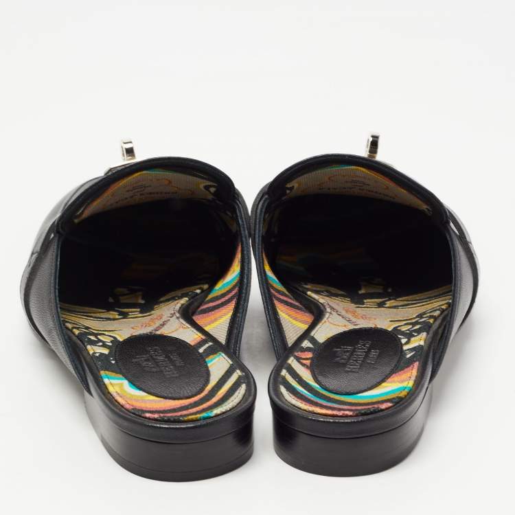 Hermes Black Leather Oz Flat Mules Size 37