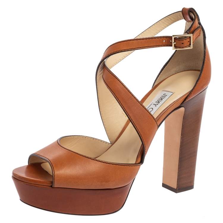 Jimmy Choo Tan Leather April Cross Strap Platform Sandals Size 40.5