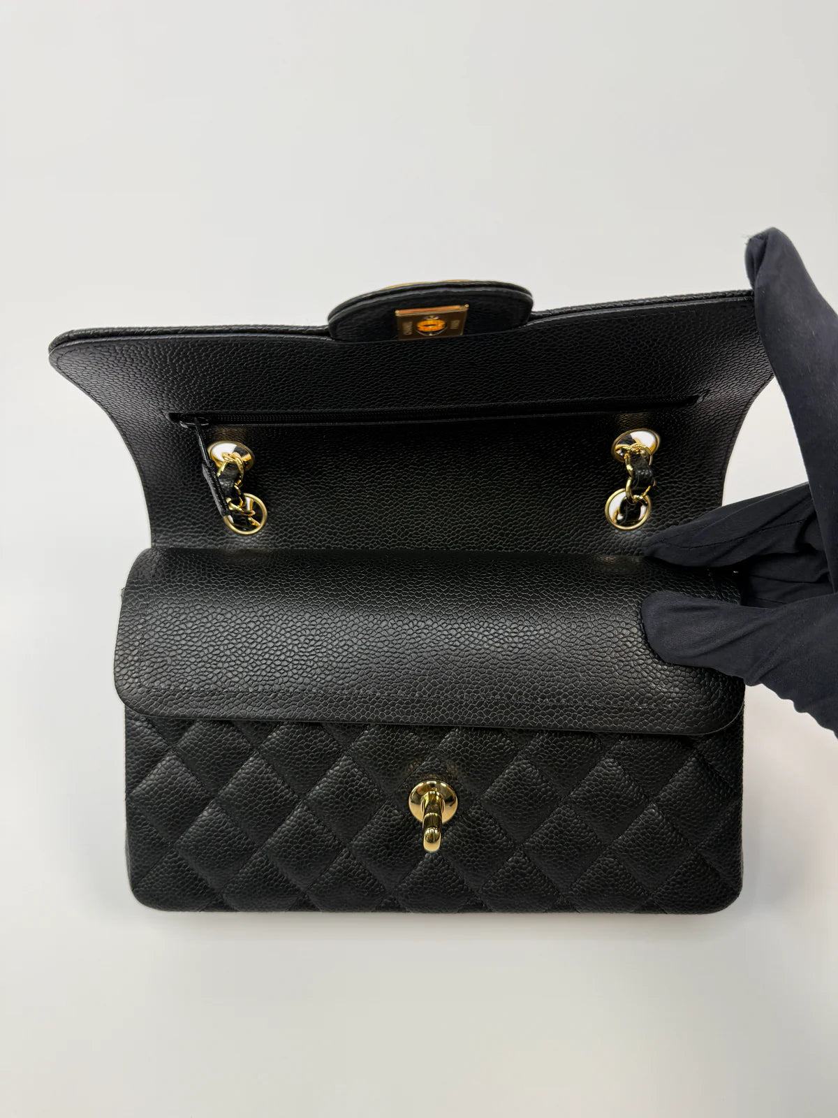 CHANEL SMALL CLASSIC DOUBLE FLAP IN BLACK CAVIAR LEATHER WITH GHW