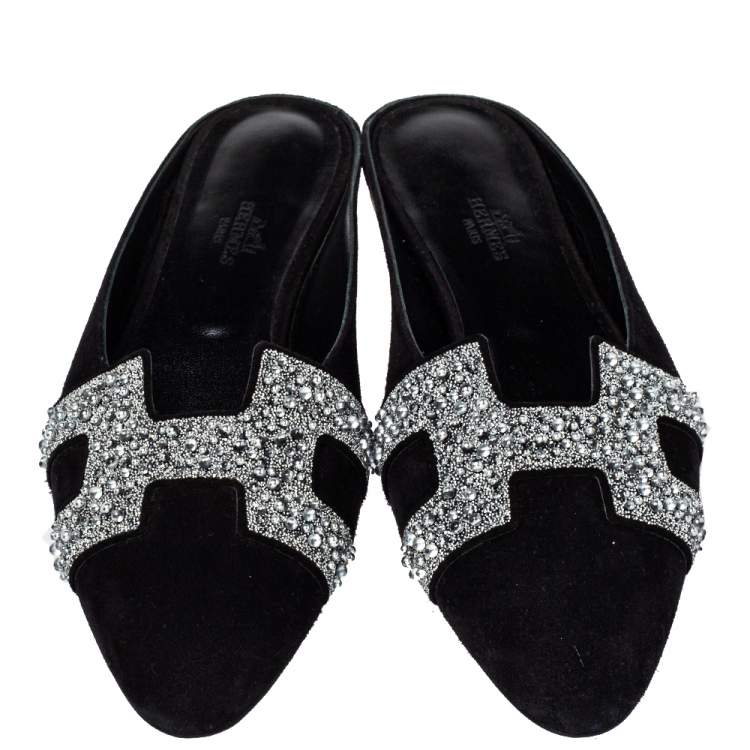 Hermes Black Suede Roxane Mule Sandals Size 38