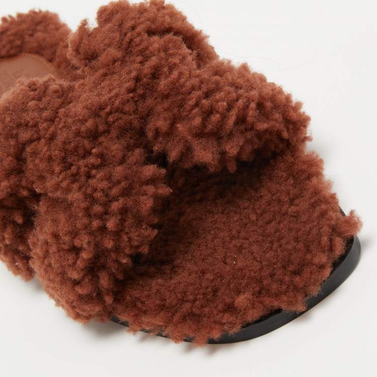 Hermès Brown Shearling Fur Oran Flat Slides Size 36
