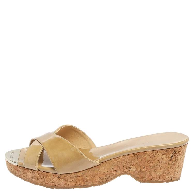 Jimmy Choo Beige Patent Leather Perfume Cork Wedge Platform Slide Sandals Size 38