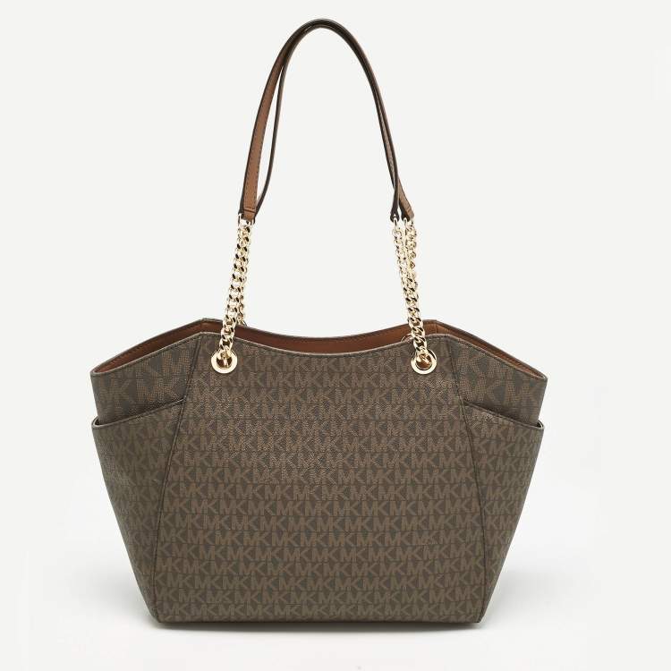 Michael Kors Brown Signature Coated Canvas Large Jet Set Travel Chain Tote