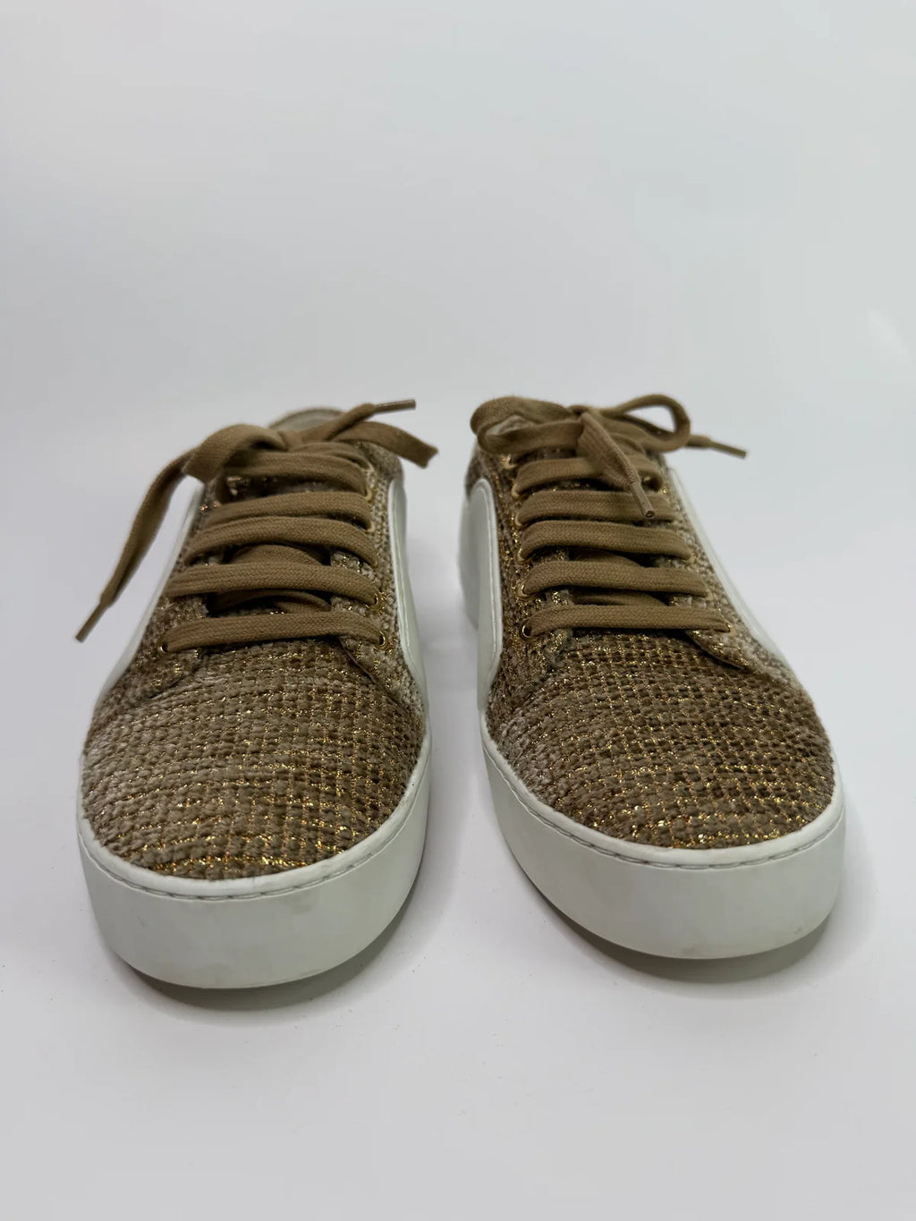 CHANEL WHITE LEATHER METALLIC TWEED CC LOW TOP SNEAKERS (SIZE 37.5/UK4.5)