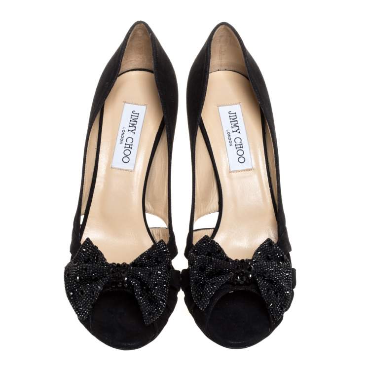 Jimmy Choo Black Suede Talva Crystal Embellished Bow Peep Toe Pumps Size 39