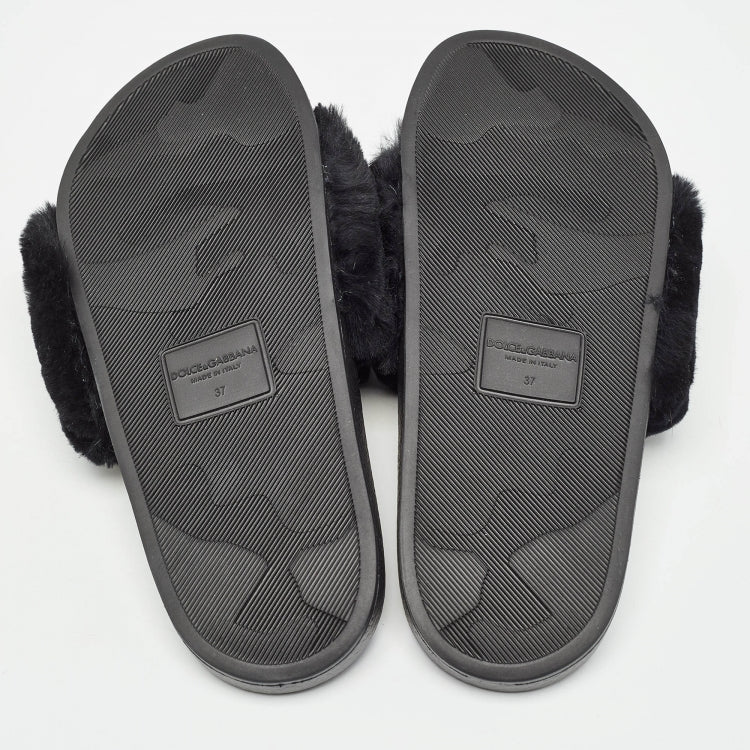Dolce & Gabbana Black Fur Logo Print Slides Size 37