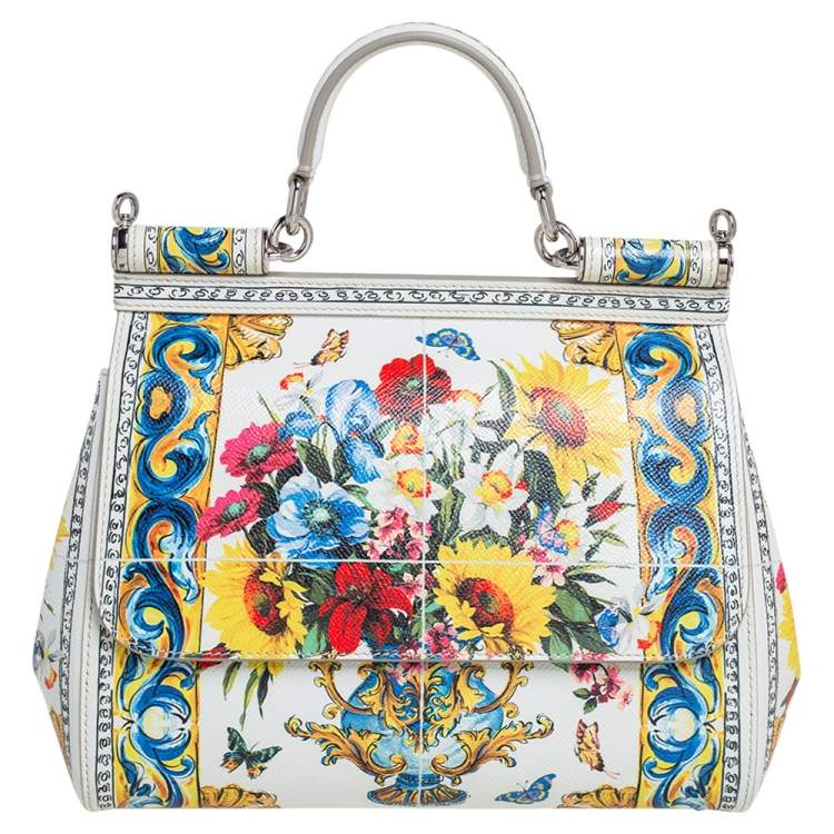 Dolce & Gabbana White/Multicolor Floral Print Leather Medium Miss Sicily Top Handle Bag