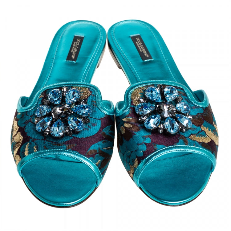 Dolce & Gabbana Metallic Blue Brocade Fabric And Leather Sofia Crystal Embellished Flat Slides Size 41