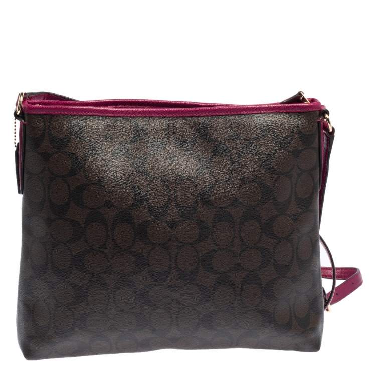 Coach Fuchsia/Brown Signature Coated Canvas and Leather Crossbody Bag