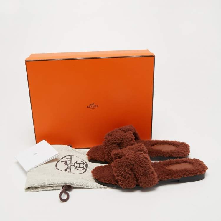Hermès Brown Shearling Fur Oran Flat Slides Size 36
