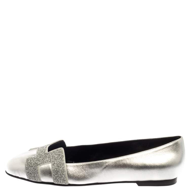 Hermes Metallic Silver Leather Nice Flats Size 40.5