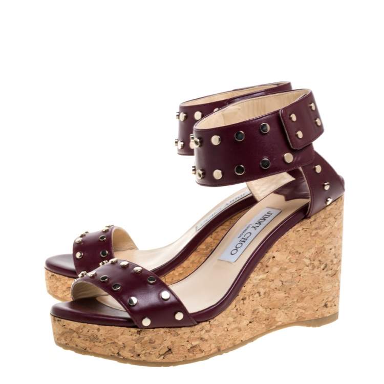 Jimmy Choo Maroon Studded Leather Veto Wedge Platform Sandals Size 38.5
