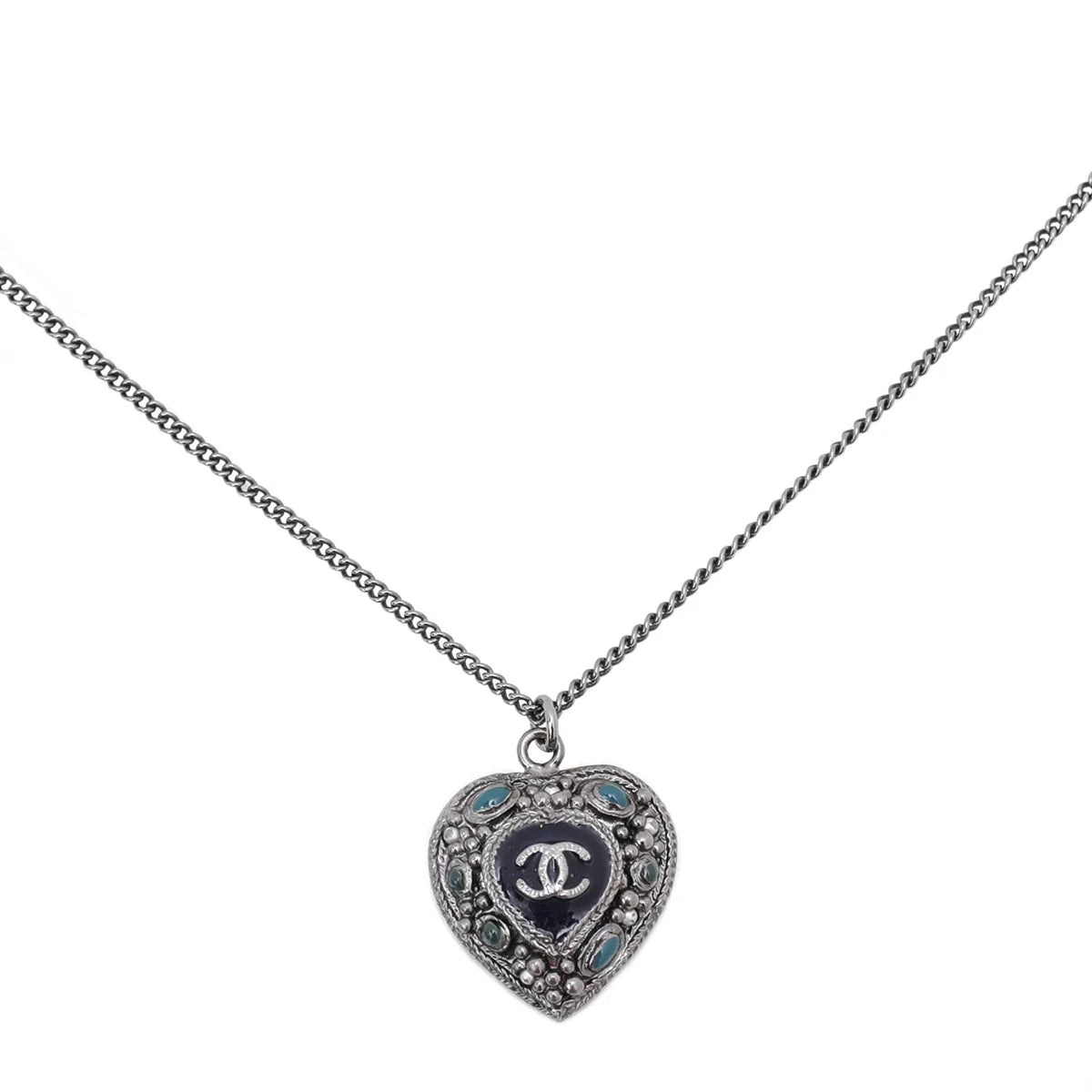 Chanel Blue CC Pearl Enamel Heart Pendant Necklace